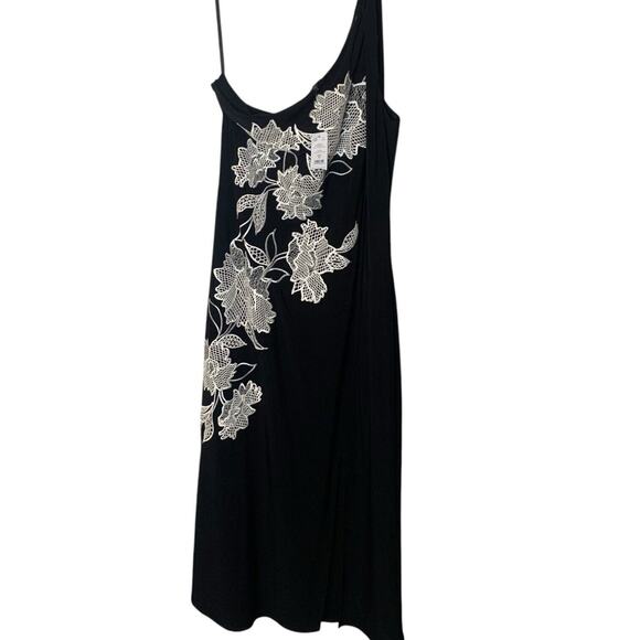 WHBM Dress Womens 18 One-Shoulder Embroidered Matte Jersey Floral Midi Black NWT - Picture 1 of 9